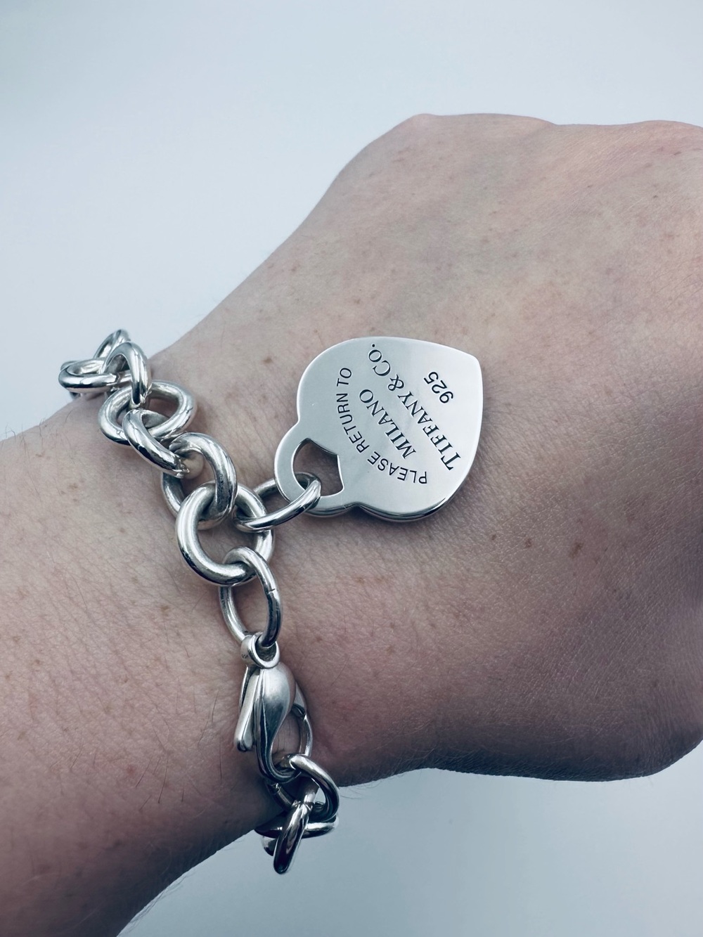 Please Return to Milano Tiffany & Co. Silver Heart Charm Bracelet with Packaging